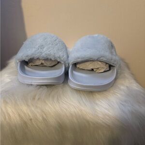 Faux Fur Slide Sandals in Light Blue - Women's Comfort Slides Size 11
